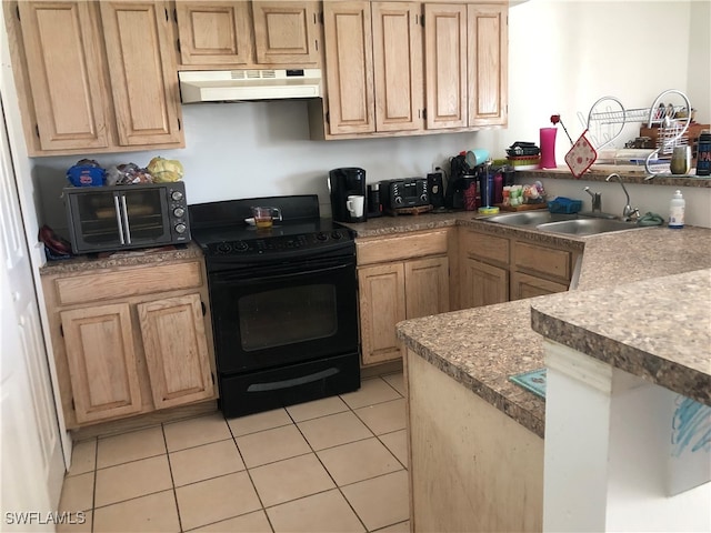 kitchen with sink, light tile patterned floors, light brown cabinetry, and electric range