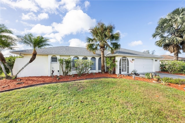 ranch-style house featuring a garage and a front lawn