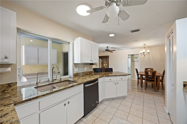 kitchen with kitchen peninsula, sink, stainless steel dishwasher, and white cabinets