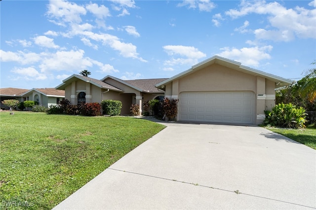 single story home with a front yard and a garage