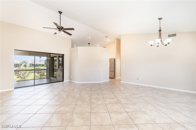 spare room with light tile patterned flooring, ceiling fan with notable chandelier, and high vaulted ceiling