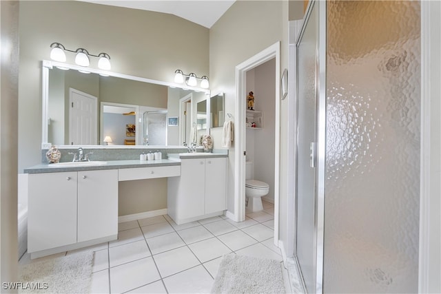 bathroom with vanity, toilet, lofted ceiling, and a shower with shower door