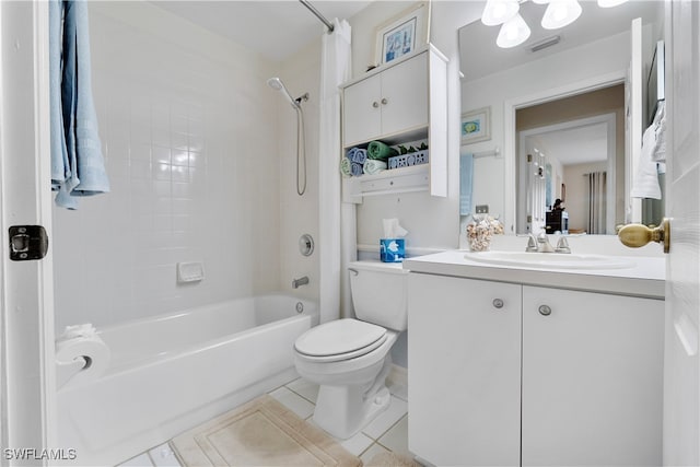 full bathroom with vanity, shower / bath combo with shower curtain, toilet, and tile patterned floors