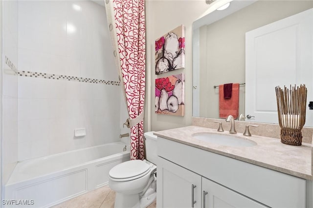 full bathroom with toilet, tile patterned flooring, shower / bathtub combination with curtain, and vanity