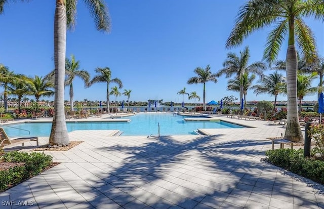 view of swimming pool featuring a patio area