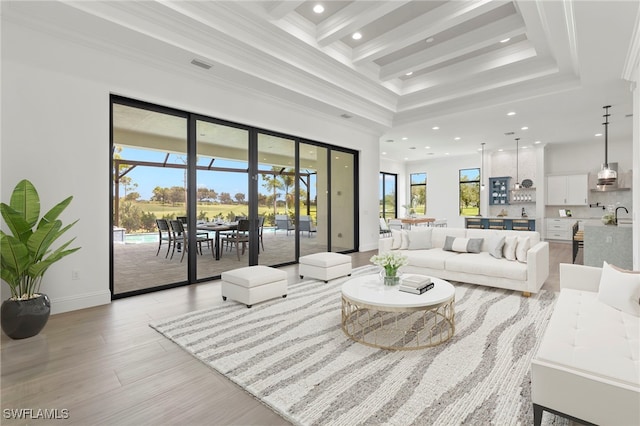 living room featuring beam ceiling, light hardwood / wood-style floors, plenty of natural light, and ornamental molding