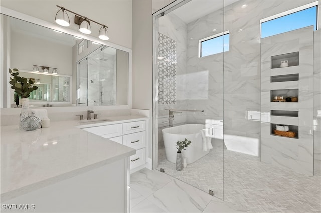 bathroom with separate shower and tub, a fireplace, vanity, and tile walls