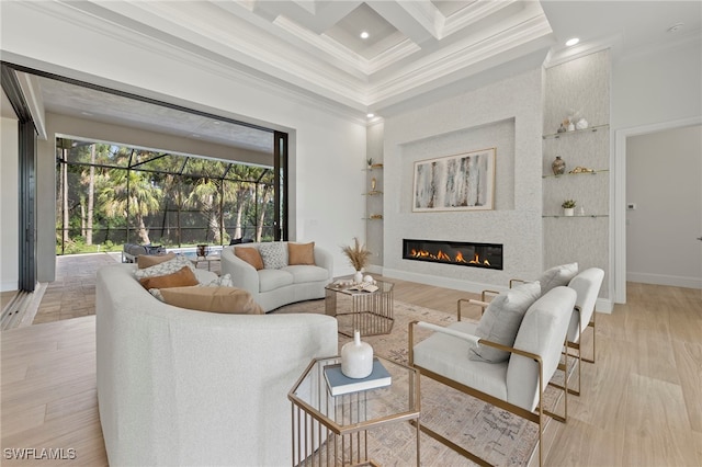 living room with a large fireplace, beamed ceiling, coffered ceiling, and light wood-type flooring