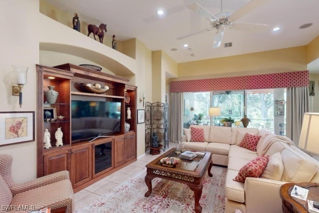 5291 Laurel Oak Ct, North Port, FL 34287 - living room with recessed lighting, ceiling fan, visible vents, and light tile patterned floors