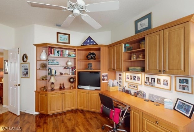 5291 Laurel Oak Ct, North Port, FL 34287 - home office featuring built in study area, ceiling fan, dark wood-style flooring, and visible vents