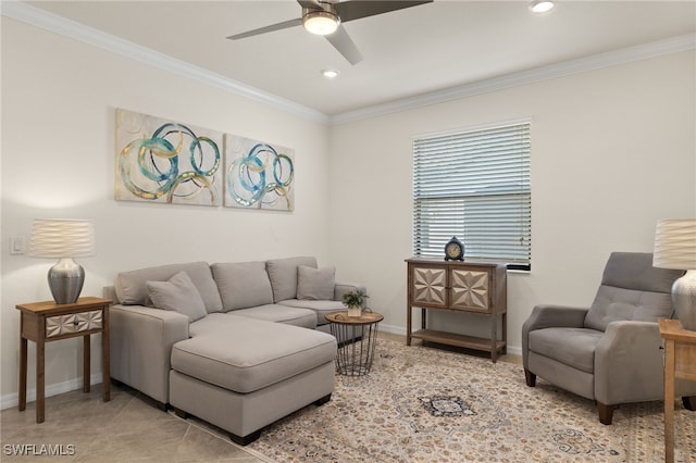 living room featuring ceiling fan and ornamental molding