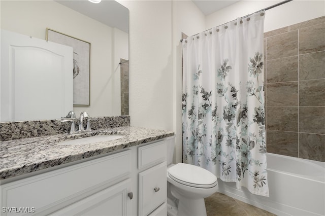 full bathroom with tile patterned flooring, vanity, shower / bathtub combination with curtain, and toilet