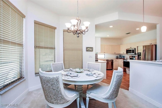 15801 Prentiss Pointe Cir Unit 102, Fort Myers, FL 33908 - dining room featuring a chandelier, light colored carpet, recessed lighting, and baseboards