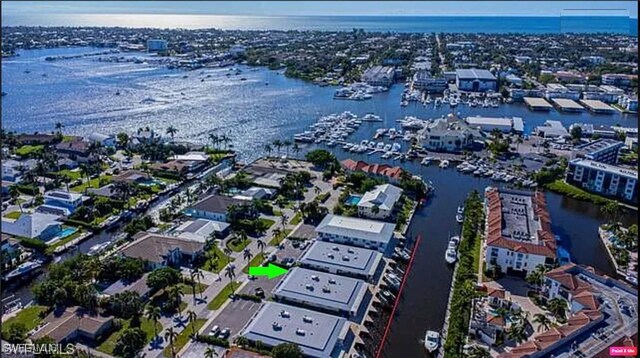 aerial view featuring a water view