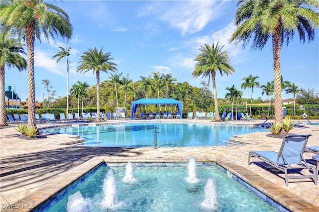 view of swimming pool featuring a patio area