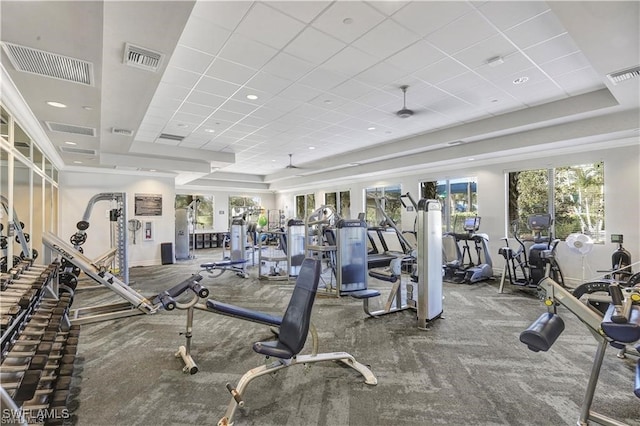 gym featuring a drop ceiling, carpet flooring, and a raised ceiling