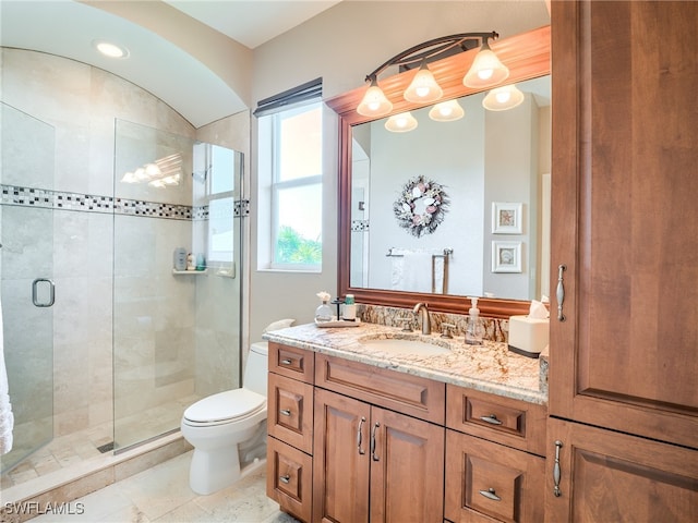 bathroom featuring vanity, toilet, and walk in shower