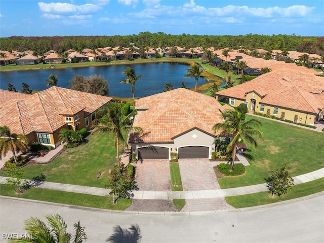 bird's eye view with a water view