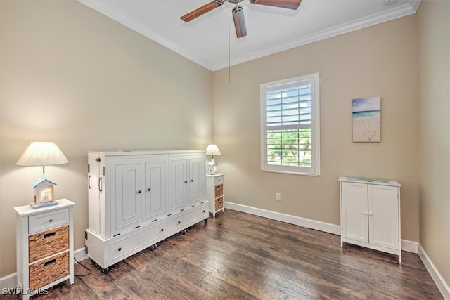 bedroom featuring ceiling fan, crown molding, and dark wood-type flooring