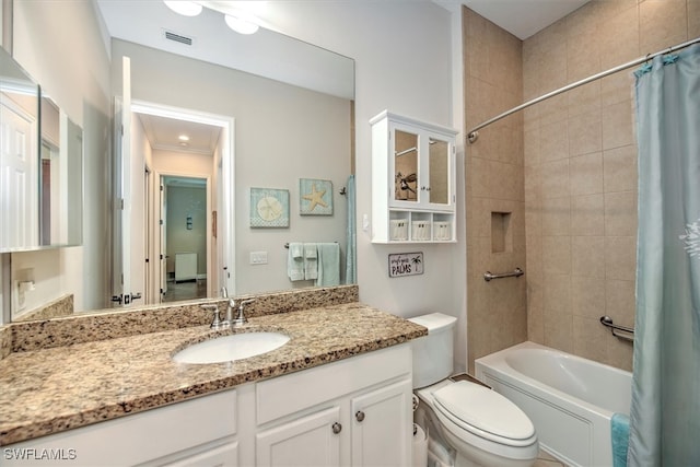 full bathroom with toilet, vanity, and shower / bath combination with curtain