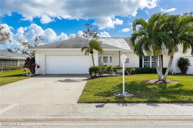 ranch-style house with a garage and a front lawn