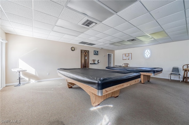 rec room with carpet floors, pool table, and visible vents