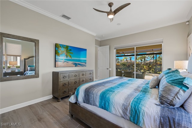 bedroom featuring access to outside, crown molding, ceiling fan, and light hardwood / wood-style floors