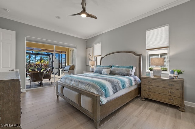 bedroom with ceiling fan, light wood-type flooring, crown molding, and access to outside