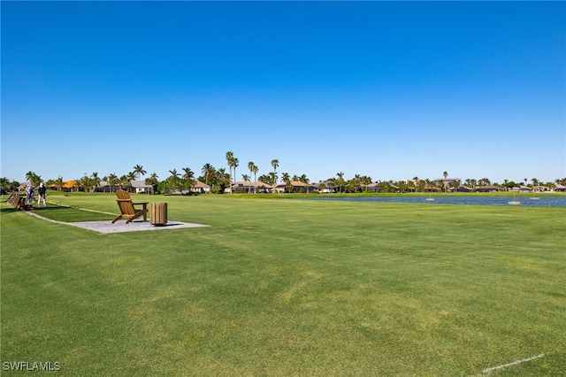 view of community with a water view and a yard