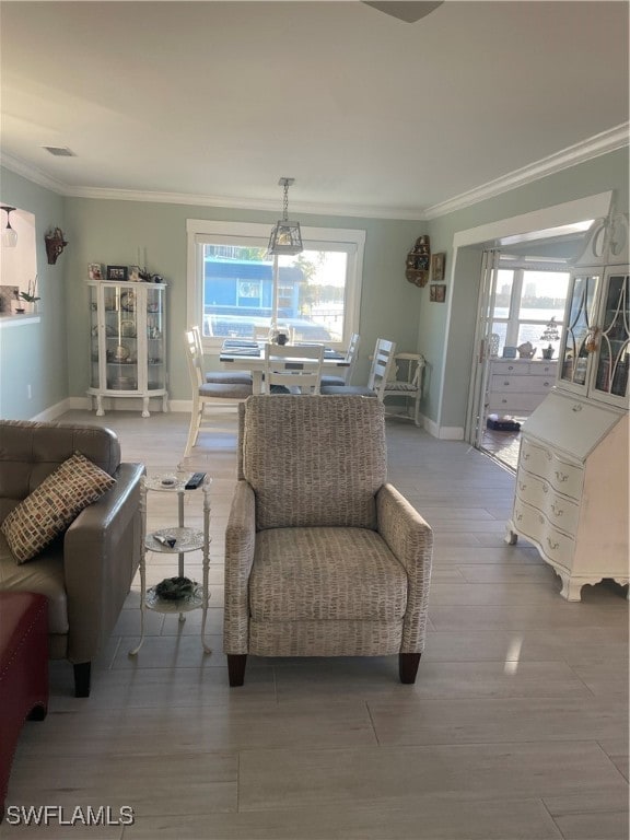 living room featuring ornamental molding and wood-type flooring