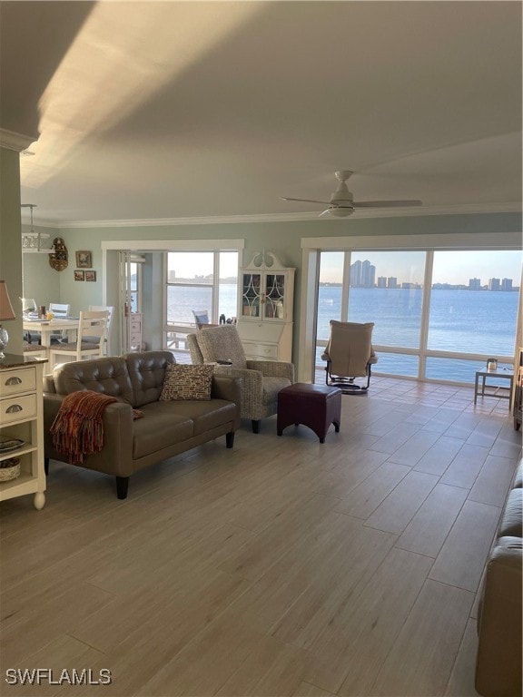 living room with a water view, hardwood / wood-style flooring, and a healthy amount of sunlight