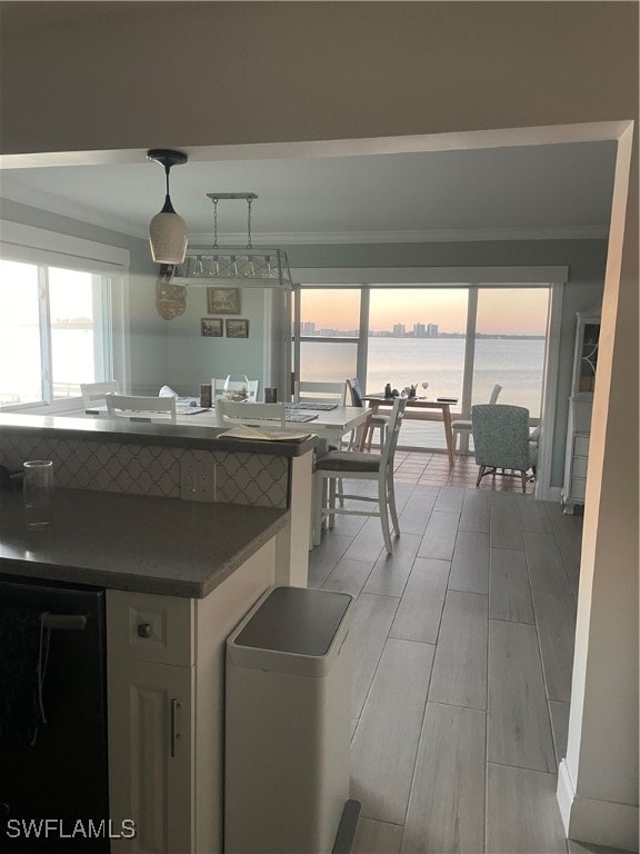 kitchen with crown molding, hanging light fixtures, a water view, and light wood-type flooring