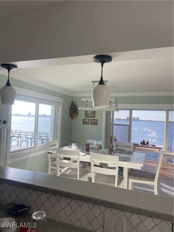 dining space featuring crown molding and a water view