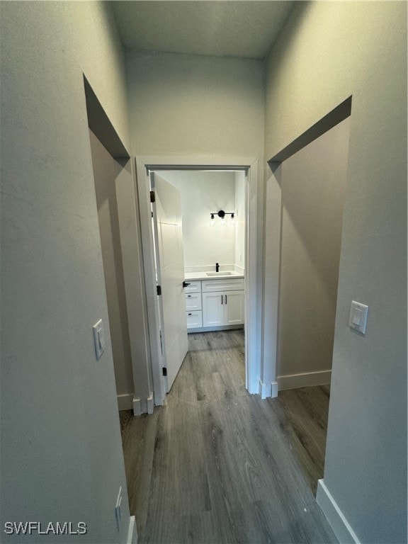 hall featuring wood-type flooring and sink