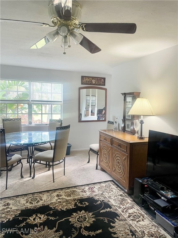 carpeted office space featuring ceiling fan