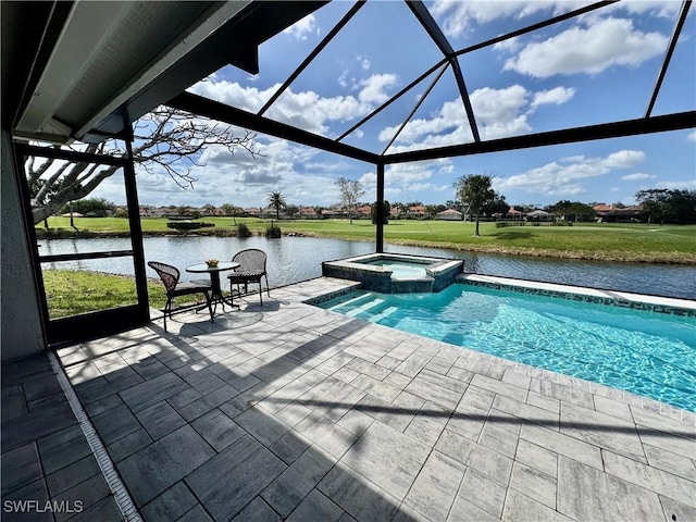 view of pool with an in ground hot tub, a lawn, a water view, a lanai, and a patio