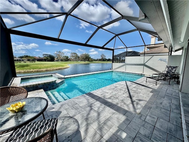 view of swimming pool with glass enclosure, a water view, an in ground hot tub, and a patio