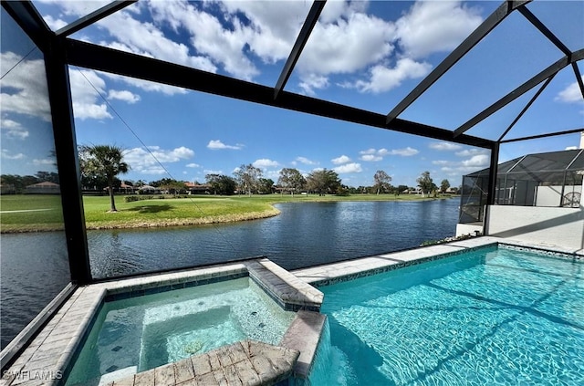 view of swimming pool with a water view, a lanai, and an in ground hot tub