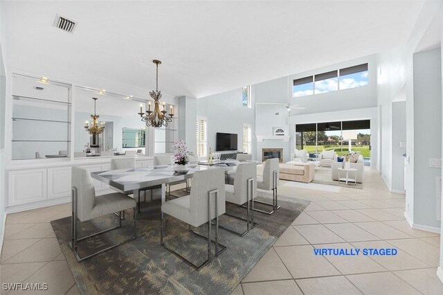 unfurnished living room with light tile patterned floors and an inviting chandelier