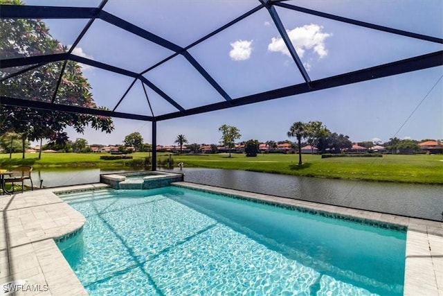 view of swimming pool featuring a lanai, a water view, a patio, and an in ground hot tub