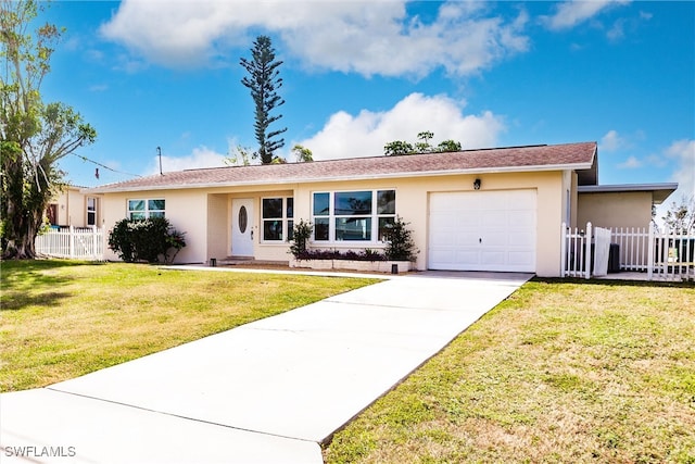 ranch-style home with a front yard and a garage