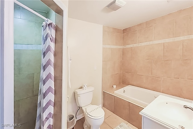 full bathroom with vanity, toilet, shower / bathtub combination with curtain, and tile patterned flooring