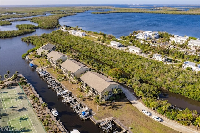 drone / aerial view featuring a water view