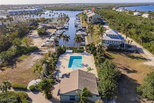 drone / aerial view featuring a water view