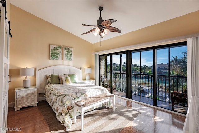 bedroom featuring ceiling fan, access to outside, vaulted ceiling, and dark hardwood / wood-style floors