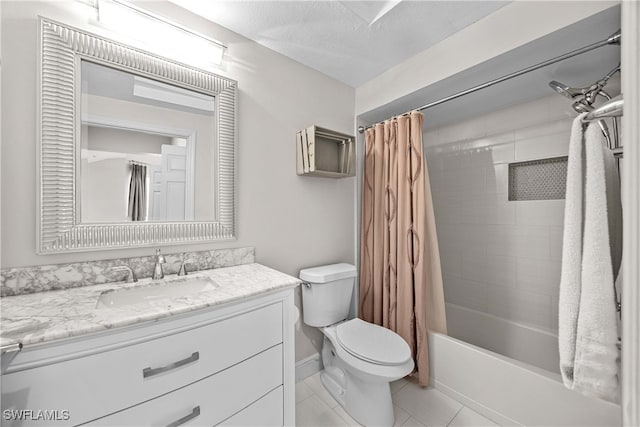 full bathroom featuring tile patterned floors, toilet, shower / bath combination with curtain, vanity, and a textured ceiling