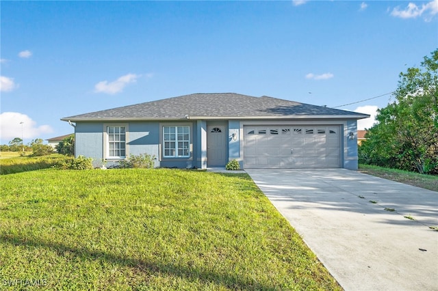 ranch-style house featuring a front lawn and a garage