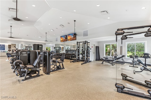 gym featuring vaulted ceiling