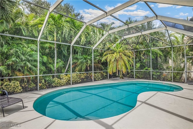 view of swimming pool with a patio and glass enclosure