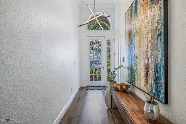 entryway with ornamental molding and wood-type flooring